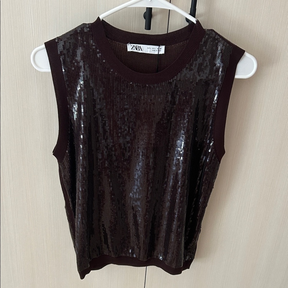 Zara Sequin Sleeveless Tank - Deep Brown